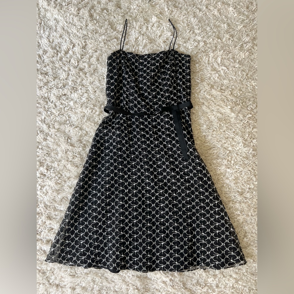 NWT Laundry Women’s Black White Spaghetti Strap Cocktail Floral Midi Dress Bow 6